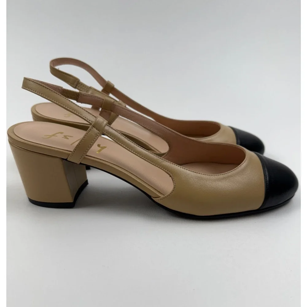 French Sole FS/NY Tuckernuck Slingback Baton Heels Camel Napa/Black Sz 7.5 NWT - Picture 3 of 9